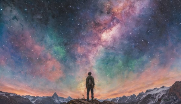 solo,short hair,black hair,1boy,standing,jacket,male focus,outdoors,sky,pants,cloud,bag,from behind,night,backpack,star (sky),night sky,scenery,starry sky,mountain,facing away,wide shot,rock,milky way