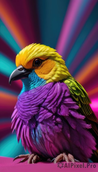 solo,wings,black eyes,pokemon (creature),no humans,bird,animal,feathers,realistic,animal focus,multicolored background,talons,beak,looking at viewer,closed mouth,standing,full body,artist name,watermark,web address