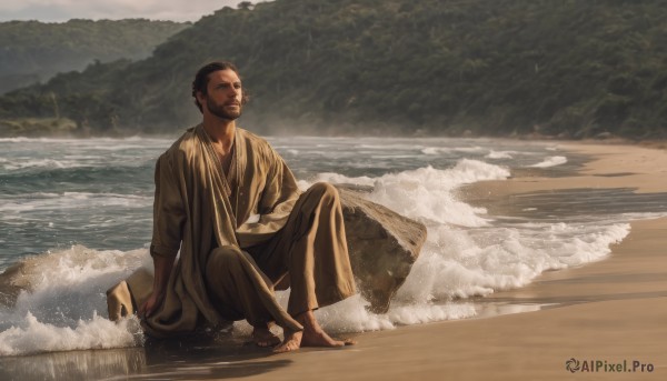 solo,short hair,black hair,1boy,sitting,male focus,outdoors,japanese clothes,barefoot,dark skin,kimono,water,facial hair,ocean,beach,dark-skinned male,nature,scenery,beard,robe,rock,mustache,sand,waves,shore,closed mouth,day,tree,realistic,very short hair