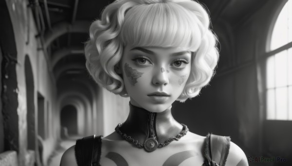 1girl,solo,looking at viewer,short hair,bangs,jewelry,closed mouth,monochrome,upper body,greyscale,indoors,necklace,blurry,lips,window,tattoo,blurry background,facial mark,portrait,curly hair,realistic,nose,facepaint,facial tattoo,eyelashes