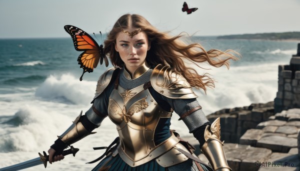 1girl,solo,long hair,looking at viewer,blue eyes,skirt,brown hair,gloves,holding,closed mouth,weapon,outdoors,day,sword,water,holding weapon,armor,blurry,lips,floating hair,blurry background,ocean,beach,holding sword,bug,tiara,wind,shoulder armor,gauntlets,butterfly,pauldrons,serious,circlet,breastplate,armored dress,knight,chainmail,brown eyes,sky,cloud,animal,realistic,vambraces,plate armor