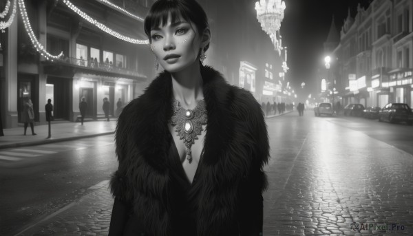 1girl,solo,breasts,looking at viewer,short hair,bangs,dress,cleavage,jewelry,closed mouth,standing,collarbone,monochrome,upper body,greyscale,earrings,small breasts,outdoors,solo focus,necklace,mole,lips,coat,fur trim,mole under eye,tattoo,makeup,night,formal,lipstick,ground vehicle,building,gem,motor vehicle,reflection,rain,city,realistic,nose,car,road,street,crowd,feather boa,fur coat,plunging neckline,multiple girls,medium breasts,signature,freckles,light,people