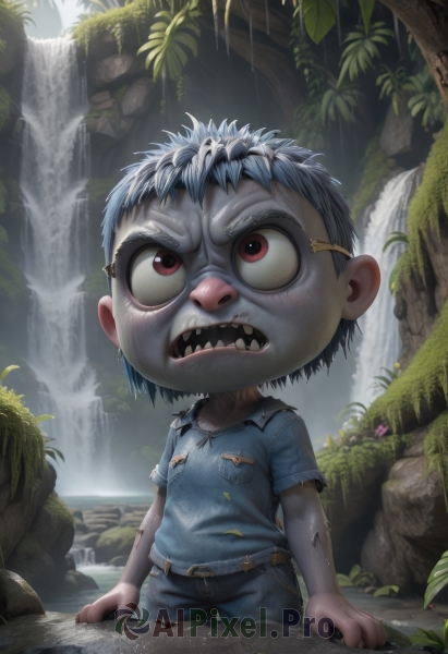 solo,short hair,open mouth,shirt,red eyes,1boy,blue hair,standing,short sleeves,male focus,outdoors,teeth,belt,pants,water,tree,torn clothes,leaf,blue shirt,sharp teeth,child,nature,angry,forest,male child,waterfall,moss,jewelry,colored skin,rock,realistic