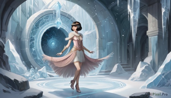 1girl,solo,breasts,short hair,skirt,black hair,dress,cleavage,jewelry,medium breasts,standing,full body,high heels,bracelet,capelet,tiara,walking,ice,circlet,crystal,magic circle,pillar,column,shoes,white skirt,fantasy,ruins,wide shot