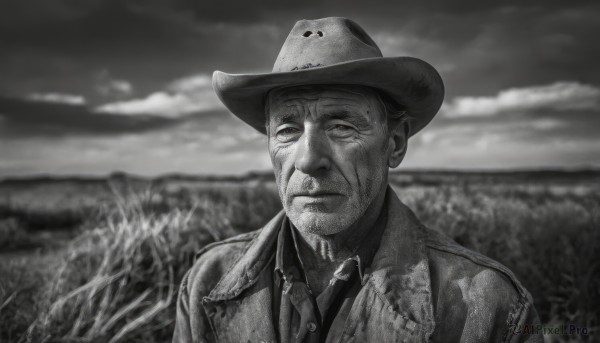 solo,looking at viewer,shirt,1boy,hat,closed mouth,jacket,monochrome,upper body,greyscale,male focus,outdoors,necktie,sky,collared shirt,cloud,blurry,blurry background,scar,realistic,field,old,short hair,signature,facial hair,parody,cloudy sky,beard,stubble,cowboy hat,cowboy western