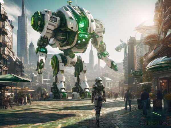 1girl,standing,outdoors,multiple boys,sky,solo focus,day,cloud,bag,from behind,glowing,backpack,helmet,robot,ground vehicle,building,scenery,mecha,motor vehicle,walking,science fiction,city,realistic,road,cityscape,multiple others,street,people,signature,umbrella,sunlight,6+boys,sign,lamppost,crowd,6+others