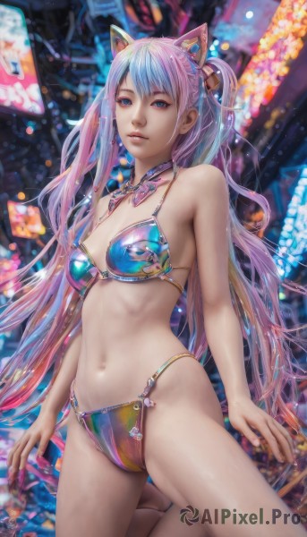 1girl,solo,long hair,breasts,looking at viewer,bangs,blue eyes,navel,animal ears,bare shoulders,twintails,jewelry,medium breasts,very long hair,blue hair,swimsuit,pink hair,bikini,multicolored hair,cat ears,nail polish,two-tone hair,lips,kneeling,detached collar,fake animal ears,realistic,hair ornament,closed mouth,standing,purple hair,small breasts,parted lips,choker,artist name,necklace,blurry,blurry background,watermark,highleg,web address,multicolored clothes,highleg bikini,cyberpunk,multicolored bikini