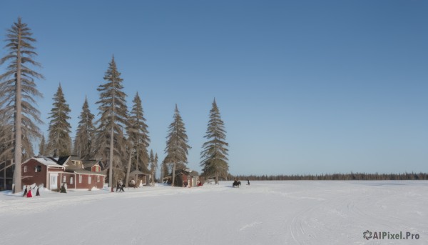 1girl,outdoors,sky,day,scarf,tree,blue sky,no humans,ground vehicle,building,nature,scenery,motor vehicle,snow,forest,fence,winter clothes,car,road,house,winter,lamppost,bare tree,pine tree,window