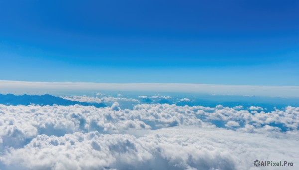 monochrome,outdoors,sky,day,cloud,water,blue sky,no humans,ocean,cloudy sky,scenery,blue theme,horizon,landscape,above clouds,nature,waves