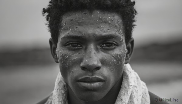 solo,looking at viewer,short hair,1boy,closed mouth,monochrome,greyscale,male focus,dark skin,blurry,lips,wet,blurry background,dark-skinned male,towel,portrait,realistic,wet hair,straight-on,towel around neck,afro,parted lips,scarf,facial hair,close-up