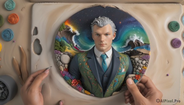 looking at viewer,short hair,blue eyes,shirt,1boy,closed mouth,jacket,white shirt,upper body,flower,white hair,grey hair,male focus,necktie,solo focus,collared shirt,vest,fingernails,bird,pov,formal,suit,star (sky),out of frame,blue necktie,realistic,pov hands,planet,surreal,white background,signature,water,space,old,waves,earth (planet)