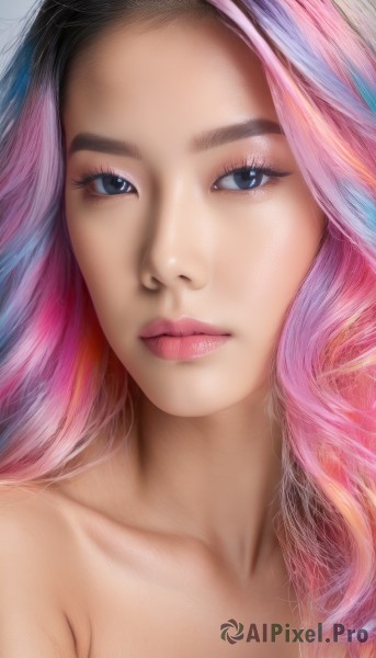 1girl,solo,long hair,looking at viewer,blue eyes,simple background,bare shoulders,closed mouth,blue hair,collarbone,upper body,pink hair,nude,multicolored hair,two-tone hair,lips,eyelashes,makeup,lipstick,portrait,close-up,eyeshadow,realistic,nose,artist name,grey eyes,wavy hair,expressionless,pink lips,mascara,rainbow hair