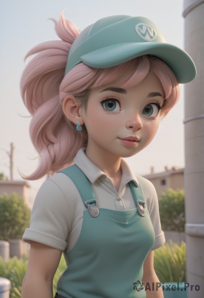 1girl,solo,long hair,breasts,looking at viewer,blush,smile,bangs,shirt,hat,jewelry,closed mouth,green eyes,white shirt,upper body,ponytail,pink hair,short sleeves,earrings,small breasts,outdoors,day,collared shirt,artist name,blurry,apron,lips,eyelashes,depth of field,blurry background,plant,baseball cap,backlighting,freckles,green headwear,potted plant,overalls,green apron,blue eyes,thick eyebrows,realistic,nose,visor cap