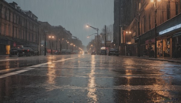 outdoors,sky,cloud,dutch angle,no humans,night,cloudy sky,ground vehicle,building,scenery,motor vehicle,reflection,rain,city,sign,car,light,road,power lines,lamppost,street,road sign,puddle,grey sky,traffic light,crosswalk,tree,wet,window,water drop,evening,pavement,real world location,vanishing point,sidewalk