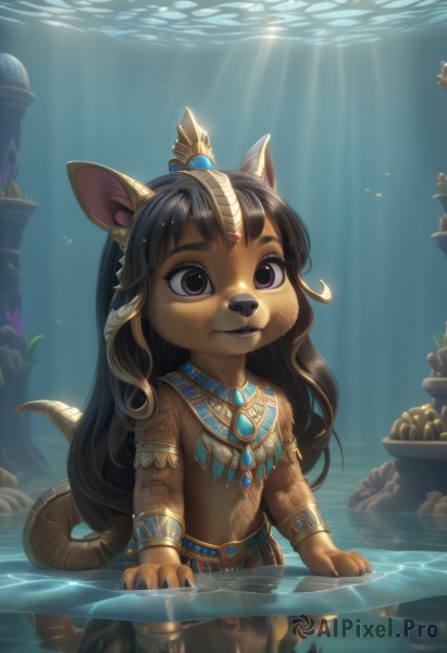 1girl,solo,long hair,bangs,brown hair,black hair,hair ornament,animal ears,jewelry,very long hair,purple eyes,tail,parted lips,dark skin,water,necklace,flat chest,bracelet,dark-skinned female,lips,sunlight,gem,claws,furry,armlet,wading,partially submerged,fish,light rays,underwater,furry female,bracer,sunbeam,neck ring,gold,egyptian,egyptian clothes,caustics,partially underwater shot,looking at viewer,smile,closed mouth,earrings,outdoors,artist name,cat ears,cat tail,eyelashes,watermark,wavy hair,rock,animal nose,brown fur,submerged