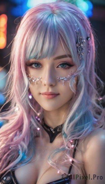 1girl,solo,long hair,breasts,looking at viewer,smile,bangs,blue eyes,hair ornament,cleavage,bare shoulders,jewelry,medium breasts,closed mouth,blue hair,upper body,pink hair,multicolored hair,earrings,choker,mole,blurry,two-tone hair,lips,eyelashes,makeup,depth of field,blurry background,portrait,eyeshadow,realistic,nose,mascara,large breasts,white hair,artist name,eyeliner