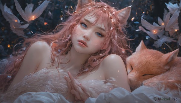 1girl, solo, long hair, looking at viewer, bangs, blue eyes, animal ears, bare shoulders, upper body, pink hair, flower, parted lips, lips, fox ears, animal, freckles, realistic, nose, fox