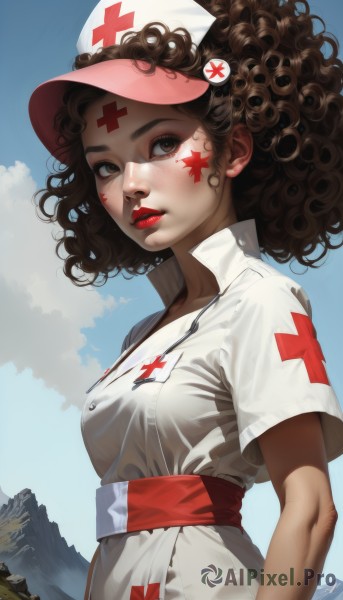 1girl,solo,breasts,looking at viewer,brown hair,hat,dress,brown eyes,upper body,short sleeves,outdoors,parted lips,sky,day,cloud,signature,dark skin,medium hair,star (symbol),dark-skinned female,blue sky,lips,sash,makeup,facial mark,cross,lipstick,freckles,curly hair,mountain,nose,nurse cap,red lips,nurse,facepaint,afro,red cross,jewelry,medium breasts,earrings,realistic