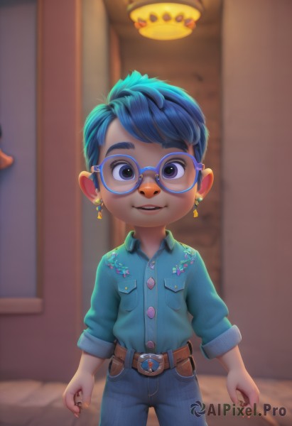 solo,looking at viewer,smile,blue eyes,shirt,1boy,animal ears,jewelry,blue hair,male focus,earrings,glasses,teeth,belt,pants,blurry,blurry background,blue shirt,denim,child,furry,personification,furry male,male child,humanization,blue-framed eyewear,buck teeth,short hair,open mouth,parted lips,collared shirt,indoors,nail polish,upper teeth only,thick eyebrows,buckle,pocket,jeans,belt buckle