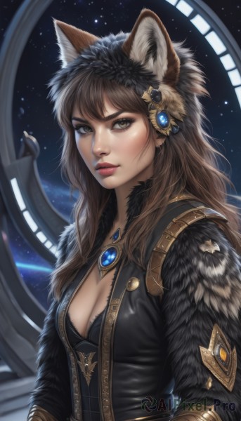 1girl,solo,long hair,breasts,looking at viewer,bangs,brown hair,hair ornament,animal ears,cleavage,brown eyes,jewelry,medium breasts,upper body,parted lips,sky,signature,mole,lips,animal ear fluff,fur trim,fox ears,makeup,brooch,gem,star (sky),starry sky,nose,closed mouth,jacket,artist name,necklace,bra,wolf ears,realistic