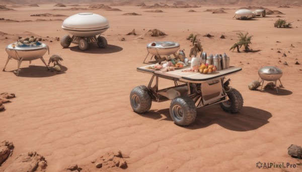 outdoors,food,tree,no humans,fruit,shadow,chair,beach,table,bottle,ground vehicle,scenery,motor vehicle,plate,rock,sand,palm tree,vehicle focus,meat,desert,barrel,wheel,tire,cup,drinking glass,bowl,apple,glass,mushroom,stool,jar,log