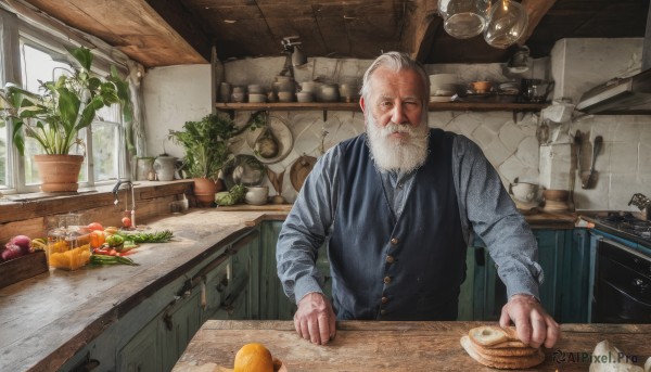 solo,looking at viewer,shirt,long sleeves,1boy,closed mouth,upper body,white hair,male focus,food,day,collared shirt,indoors,vest,cup,window,fruit,facial hair,scar,chair,table,bottle,blue shirt,knife,plant,beard,plate,bowl,black vest,realistic,mustache,basket,potted plant,bread,old,old man,cooking,shelf,kitchen,vegetable,frying pan,sink,counter,kitchen knife,wrinkled skin,cutting board,onion,white shirt,grey hair,one eye closed,scar on face,apple,orange (fruit),jar,lemon,tomato,potato,radish