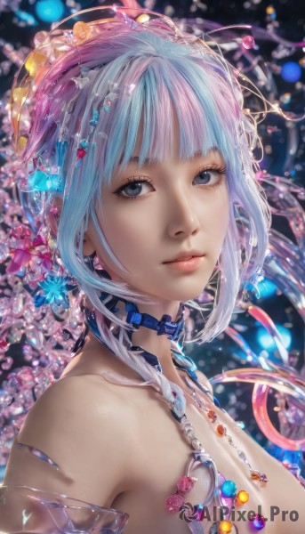 1girl,solo,breasts,looking at viewer,short hair,bangs,blue eyes,hair ornament,cleavage,bare shoulders,jewelry,medium breasts,closed mouth,blue hair,upper body,pink hair,white hair,multicolored hair,parted lips,choker,blunt bangs,necklace,blurry,black eyes,from side,lips,grey eyes,eyelashes,gem,realistic,nose,flower,earrings,hair flower,portrait