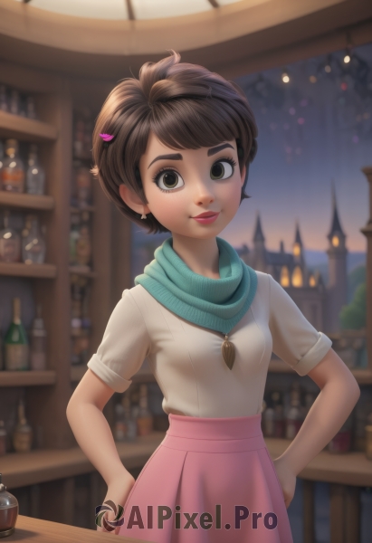 1girl,solo,breasts,looking at viewer,smile,short hair,bangs,skirt,brown hair,shirt,hair ornament,brown eyes,jewelry,closed mouth,standing,white shirt,short sleeves,earrings,small breasts,hairclip,artist name,indoors,necklace,scarf,blurry,cup,lips,eyelashes,makeup,depth of field,blurry background,swept bangs,table,bottle,lipstick,pendant,alcohol,drinking glass,pink skirt,freckles,hands on hips,hairpin,pink lips,nose,glass,stud earrings,bar (place),counter,green eyes,parted lips,dark-skinned female,hand on hip,green scarf