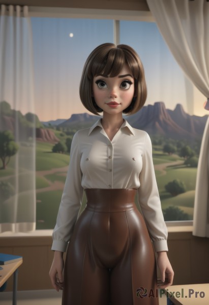 1girl,solo,breasts,looking at viewer,smile,short hair,bangs,skirt,brown hair,shirt,long sleeves,brown eyes,medium breasts,closed mouth,standing,white shirt,cowboy shot,small breasts,sky,day,collared shirt,pants,artist name,indoors,blunt bangs,black eyes,tree,lips,window,dress shirt,makeup,night,buttons,chair,thigh gap,moon,table,bob cut,thick eyebrows,lipstick,curtains,desk,backlighting,freckles,high-waist skirt,brown skirt,nose,arms at sides,red lips,shirt tucked in,classroom,school desk,straight-on,high-waist pants,blush,see-through,covered navel,mountain,brown pants