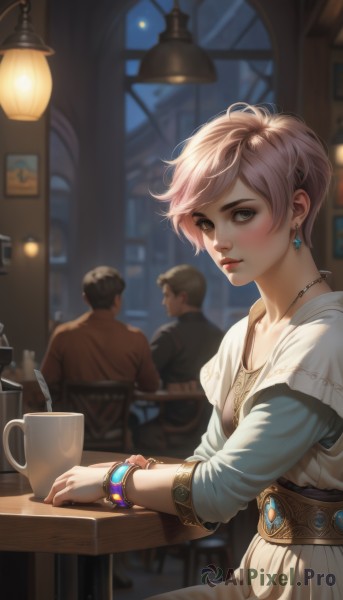 1girl,looking at viewer,blush,short hair,bangs,blonde hair,brown hair,shirt,long sleeves,dress,brown eyes,jewelry,sitting,closed mouth,collarbone,pink hair,short sleeves,earrings,parted lips,multiple boys,solo focus,belt,indoors,2boys,necklace,white dress,blurry,bracelet,cup,lips,looking to the side,grey eyes,eyelashes,window,makeup,night,depth of field,blurry background,swept bangs,chair,table,gem,pendant,lantern,mug,nose,red lips,bangle,lamp,very short hair,coffee mug,mascara,wooden table,breasts,1boy,artist name,from side,watermark,watch,realistic,wristwatch,quill