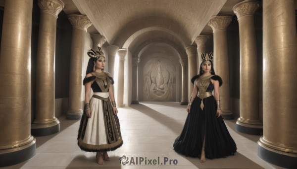 long hair,looking at viewer,multiple girls,black hair,dress,2girls,jewelry,closed mouth,standing,full body,barefoot,black eyes,black dress,bracelet,shadow,crown,clenched hands,walking,arms at sides,headdress,bracer,pillar,statue,egyptian,arch,column,1girl,armor,makeup