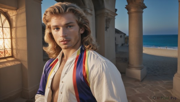 solo,long hair,looking at viewer,smile,blue eyes,blonde hair,brown hair,shirt,1boy,white shirt,upper body,male focus,outdoors,open clothes,sky,day,water,vest,lips,window,open shirt,facial hair,ocean,beard,curly hair,realistic,unbuttoned,chest hair,medium hair,blue sky,sunlight,stubble,pillar,arch,column