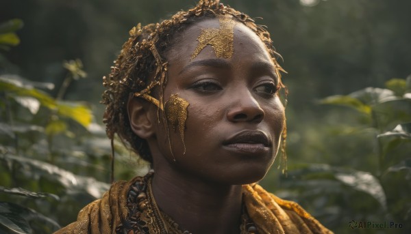 1girl,solo,short hair,1boy,male focus,outdoors,parted lips,teeth,day,dark skin,blurry,black eyes,dark-skinned female,lips,depth of field,blurry background,leaf,plant,portrait,realistic,gold,very dark skin,dreadlocks,looking at viewer,brown hair,black hair,facepaint