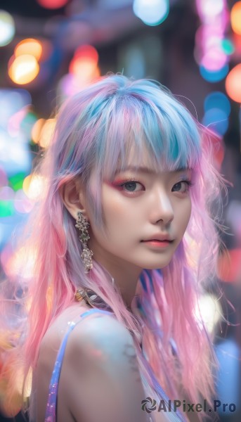 1girl,solo,long hair,looking at viewer,bangs,bare shoulders,jewelry,closed mouth,blue hair,upper body,pink hair,multicolored hair,earrings,artist name,blurry,black eyes,from side,two-tone hair,lips,grey eyes,eyelashes,makeup,depth of field,blurry background,eyeshadow,realistic,nose,bokeh,blue eyes,choker,necklace,gradient hair,portrait