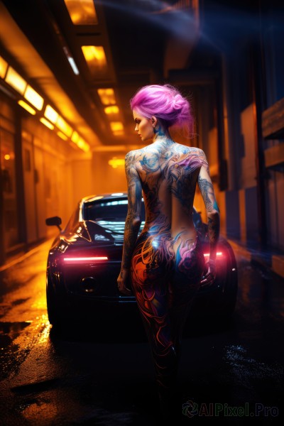 1girl,solo,short hair,jewelry,standing,pink hair,purple hair,ass,nude,earrings,looking back,from behind,tattoo,makeup,night,back,ground vehicle,motor vehicle,city,car,road,back tattoo,sports car,full-body tattoo,looking at viewer,lips,piercing,lipstick,ear piercing,asymmetrical hair,nose,very short hair,undercut,street,cyberpunk,neon lights