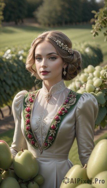 1girl,solo,looking at viewer,brown hair,hair ornament,long sleeves,dress,holding,brown eyes,jewelry,upper body,flower,earrings,outdoors,food,day,hair flower,necklace,hair bun,white dress,blurry,tree,lips,makeup,fruit,depth of field,blurry background,single hair bun,holding food,lipstick,gem,nature,realistic,nose,apple,basket,red lips,head wreath,holding fruit,updo,breasts,smile,short hair,closed mouth,standing,grey eyes,grapes