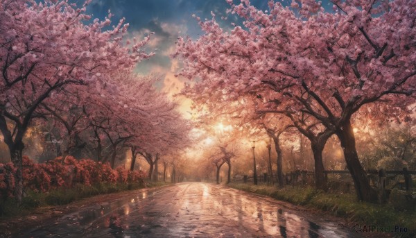 outdoors, sky, cloud, tree, blue sky, dutch angle, no humans, sunlight, grass, cherry blossoms, scenery, sunset, fence, road, lamppost, path