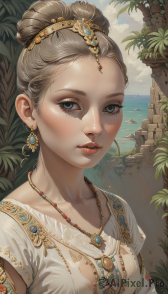 1girl,solo,breasts,looking at viewer,blue eyes,blonde hair,brown hair,shirt,hair ornament,dress,jewelry,collarbone,white shirt,upper body,short sleeves,earrings,small breasts,outdoors,parted lips,sky,day,cloud,water,necklace,hair bun,white dress,tree,blue sky,lips,grey eyes,eyelashes,makeup,ocean,beach,single hair bun,plant,gem,armlet,freckles,gold trim,realistic,nose,palm tree,red lips,watercraft,hair pulled back,castle,mascara,long hair,blush,leaf,tiara