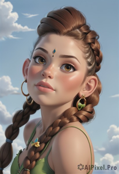 1girl,solo,long hair,breasts,looking at viewer,blush,brown hair,dress,bare shoulders,brown eyes,jewelry,upper body,braid,earrings,small breasts,outdoors,parted lips,sky,teeth,day,artist name,cloud,necklace,twin braids,blue sky,lips,eyelashes,watermark,facial mark,cloudy sky,gem,hair over shoulder,web address,forehead,freckles,green dress,hoop earrings,realistic,nose,spaghetti strap,mascara,bangs,hair ornament,cleavage,flower,sleeveless,hair flower,camisole,forehead jewel