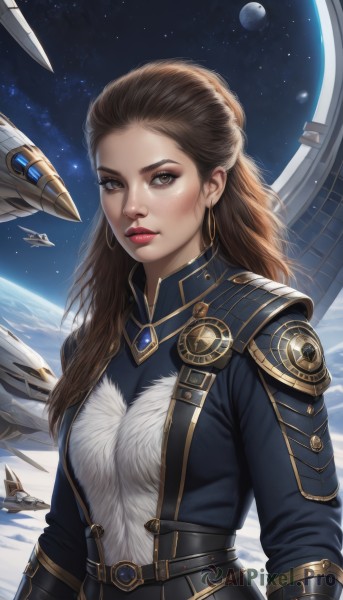 1girl,solo,long hair,breasts,looking at viewer,brown hair,brown eyes,jewelry,upper body,earrings,sky,belt,artist name,armor,lips,makeup,lipstick,star (sky),eyeshadow,freckles,science fiction,realistic,aircraft,nose,red lips,eyeliner,space,planet,mechanical wings,earth (planet),spacecraft,medium breasts,moon,forehead,starry sky,hoop earrings,alien