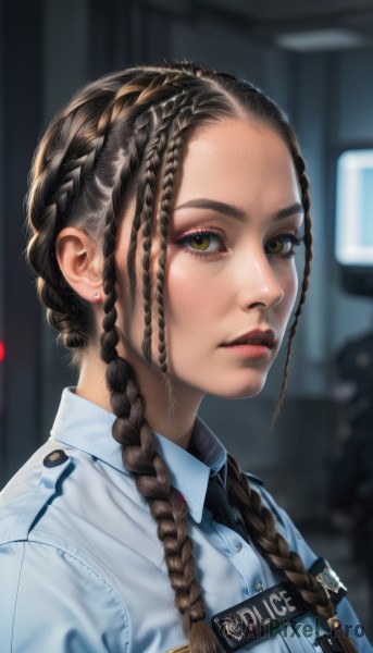 1girl,solo,long hair,looking at viewer,brown hair,shirt,black hair,brown eyes,jewelry,closed mouth,green eyes,yellow eyes,upper body,braid,earrings,necktie,collared shirt,artist name,blurry,uniform,twin braids,lips,makeup,blurry background,blue shirt,lipstick,black necktie,forehead,freckles,pocket,realistic,nose,red lips,stud earrings,police,police uniform,policewoman,multiple braids,white shirt,parted lips,signature,from side,eyelashes,buttons,depth of field,watermark,clothes writing,eyeshadow,name tag,eyeliner,mascara