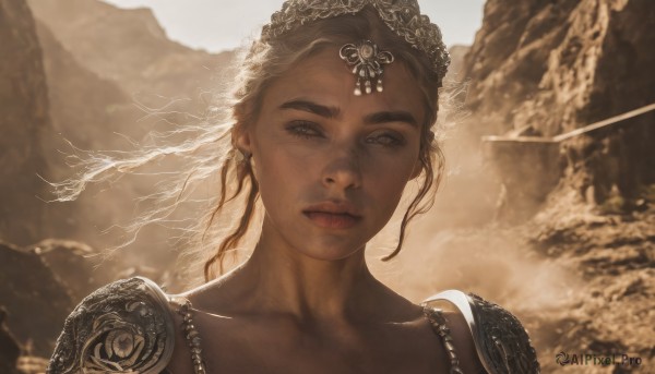 1girl,solo,looking at viewer,brown hair,hair ornament,brown eyes,jewelry,closed mouth,collarbone,earrings,outdoors,dark skin,armor,blurry,dark-skinned female,lips,eyelashes,blurry background,tiara,wind,shoulder armor,portrait,freckles,pauldrons,realistic,necklace,thick eyebrows,backlighting,mountain,sepia,gold