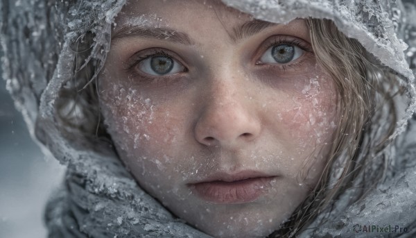 1girl,solo,looking at viewer,blonde hair,brown hair,brown eyes,closed mouth,outdoors,hood,scarf,blurry,lips,grey eyes,eyelashes,portrait,snow,close-up,hood up,snowing,realistic,nose,winter,fur trim,expressionless,eye focus