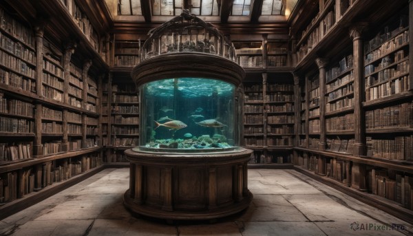 indoors,water,book,no humans,window,scenery,fish,bubble,stairs,underwater,fantasy,bookshelf,tiles,tile floor,library,ceiling,ladder,whale,railing,air bubble,voile