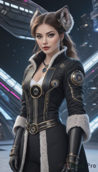 1girl,solo,long hair,breasts,looking at viewer,brown hair,gloves,animal ears,cleavage,brown eyes,jewelry,medium breasts,standing,cowboy shot,earrings,belt,cat ears,necklace,lips,coat,fur trim,makeup,night,lipstick,gauntlets,pendant,science fiction,realistic,red lips,leather,animal ear fluff,wolf ears,extra ears,black coat