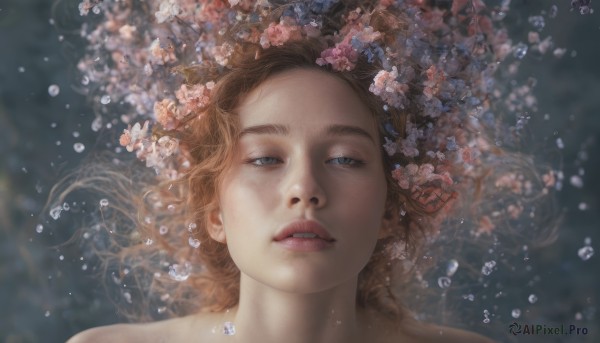 1girl, solo, long hair, looking at viewer, blue eyes, brown hair, flower, parted lips, teeth, lips, portrait, freckles, bubble, underwater, realistic, nose, air bubble