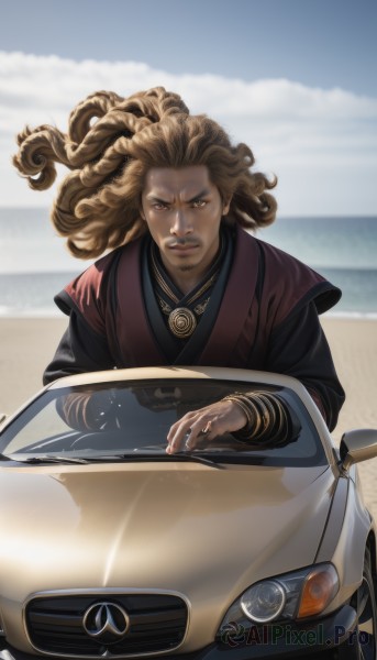 1girl,solo,long hair,looking at viewer,brown hair,1boy,brown eyes,jewelry,male focus,outdoors,sky,day,cloud,dark skin,necklace,blurry,bracelet,dark-skinned female,blue sky,lips,blurry background,ocean,beach,dark-skinned male,ground vehicle,motor vehicle,curly hair,realistic,sand,car,vehicle focus,desert,driving,dreadlocks,blonde hair,long sleeves,facial hair