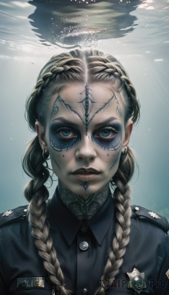 1girl,solo,long hair,looking at viewer,blue eyes,blonde hair,shirt,twintails,jewelry,closed mouth,upper body,braid,earrings,artist name,water,uniform,twin braids,lips,military,eyelashes,military uniform,tattoo,makeup,buttons,facial mark,piercing,lipstick,ear piercing,portrait,hair over shoulder,eyeshadow,pocket,underwater,nose,stud earrings,breast pocket,mascara,nose piercing,lip piercing,eyebrow piercing,bangs,collared shirt,mole,sunlight,thick eyebrows,freckles,epaulettes,light rays,realistic,facepaint,facial tattoo,black lips