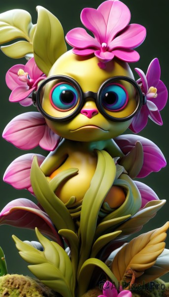 solo,looking at viewer,blue eyes,simple background,sitting,closed mouth,full body,flower,glasses,gradient,gradient background,pokemon (creature),no humans,leaf,plant,goggles,pink flower,green background,animal focus,hair ornament,hair flower,colored skin,bird,realistic,yellow skin