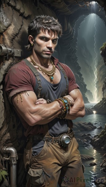 solo,looking at viewer,short hair,brown hair,shirt,black hair,1boy,brown eyes,jewelry,standing,weapon,short sleeves,male focus,earrings,open clothes,belt,pants,signature,water,necklace,bracelet,lips,muscular,facial hair,crossed arms,pectorals,muscular male,beard,rock,mature male,realistic,nose,mustache,manly,brown pants,pectoral cleavage,waterfall,black eyes,chain,overalls